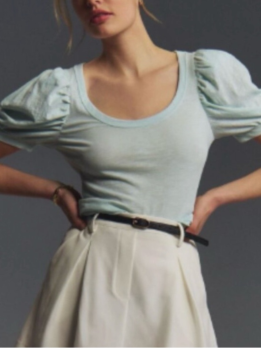 Anthropologie Light Blue Puff Sleeve Scoop Neck Tee